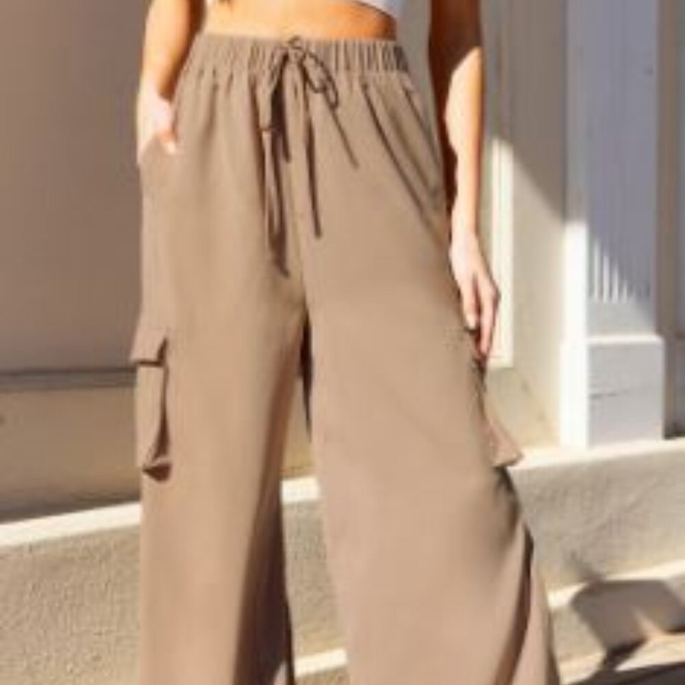 Tan Elastic Waist Wide Leg Cargo Pants